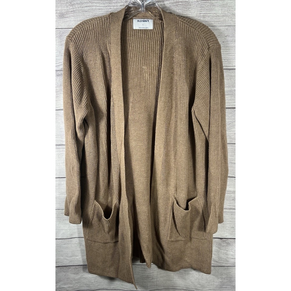 Old Navy Womens Large Ribbed Open Front Cardigan Tan Brown Longline Pockets